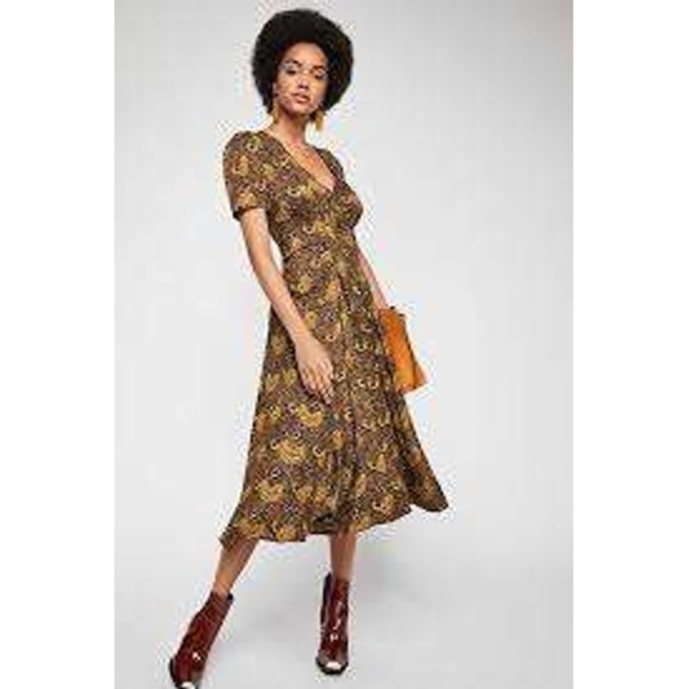 Free People Brown Paisley Short Sleeve Olivia Midi Dress SZ 2 Boho Smocked